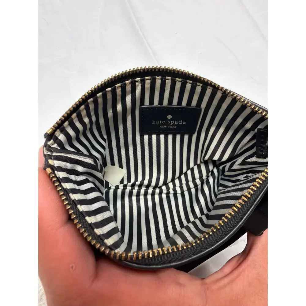 Kate Spade New York Black Pebbled Leather Wristlet Clutch Striped Lining